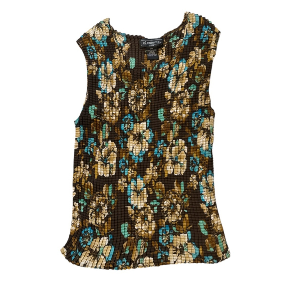 Vintage Elementz Floral Tank Top Size M Brown Blue Crinkle Sleeveless